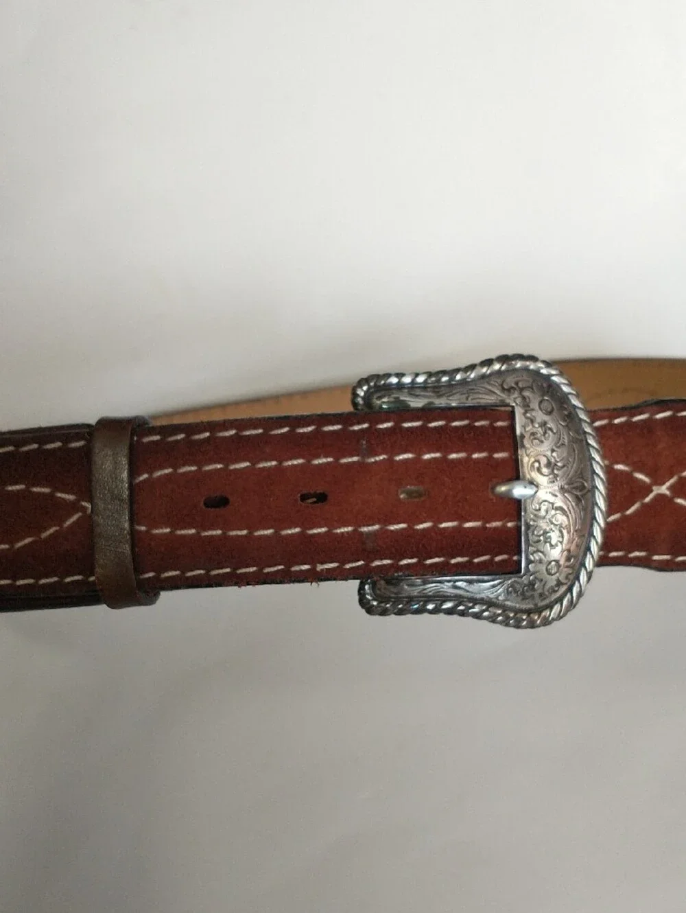 Brown Bonded Leather/ Suede Men’s Belt with Decorative Silver Buckle